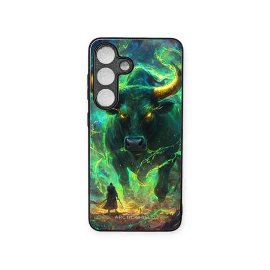 Samsung S25+ suojakuori – Vihreä härkä ja liekkimäinen energia, valmistettu Suomessa | Arctic Shield