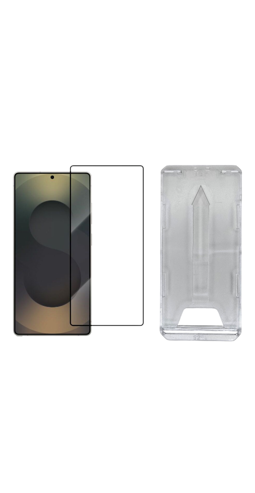 Samsung S25 Plus / S24 Plus puhelin ja asennuskehykseen asetettu panssarilasi