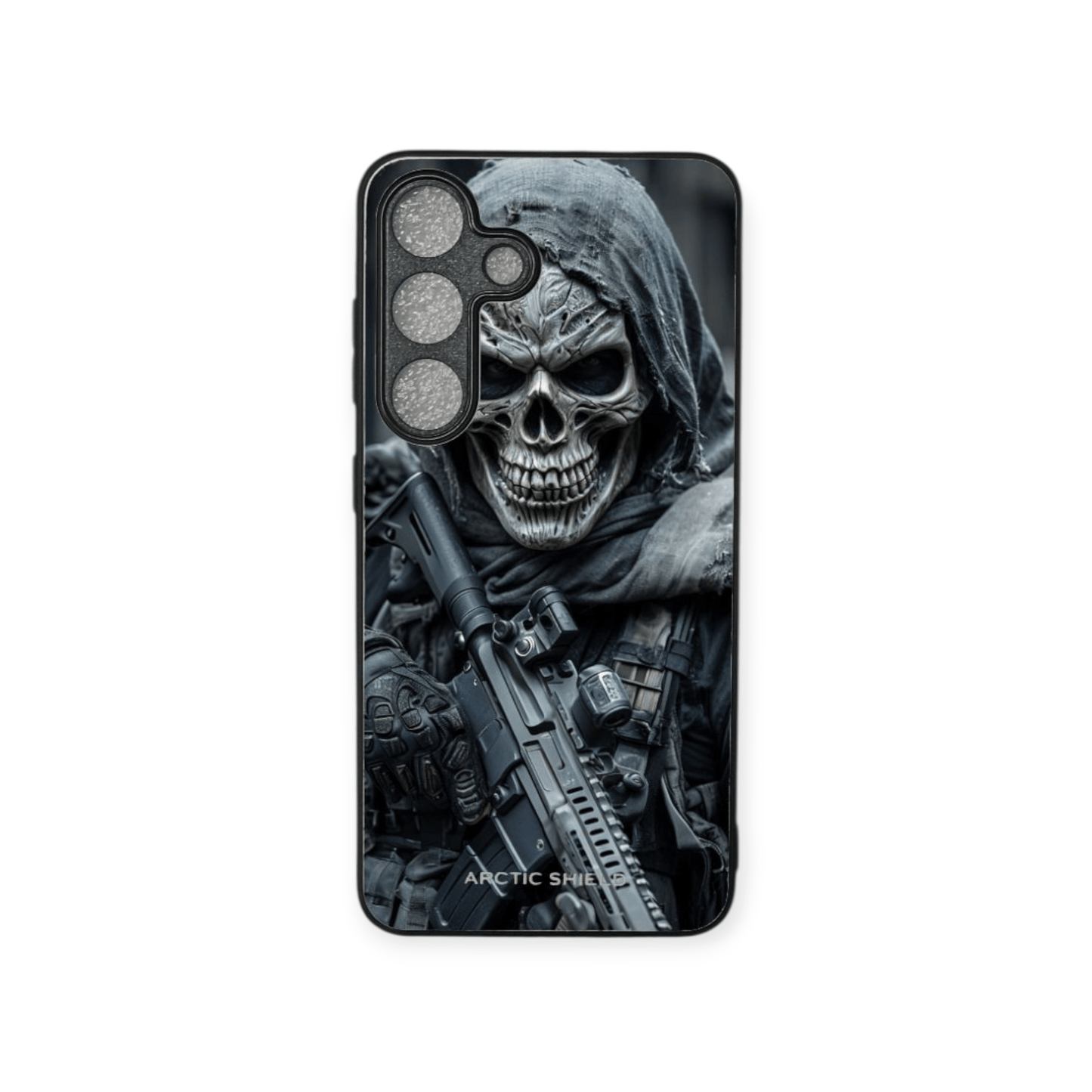 Samsung S25 Ultra suojakuori – Pääkallo ja taistelija, rohkea Arctic Shield -kuori