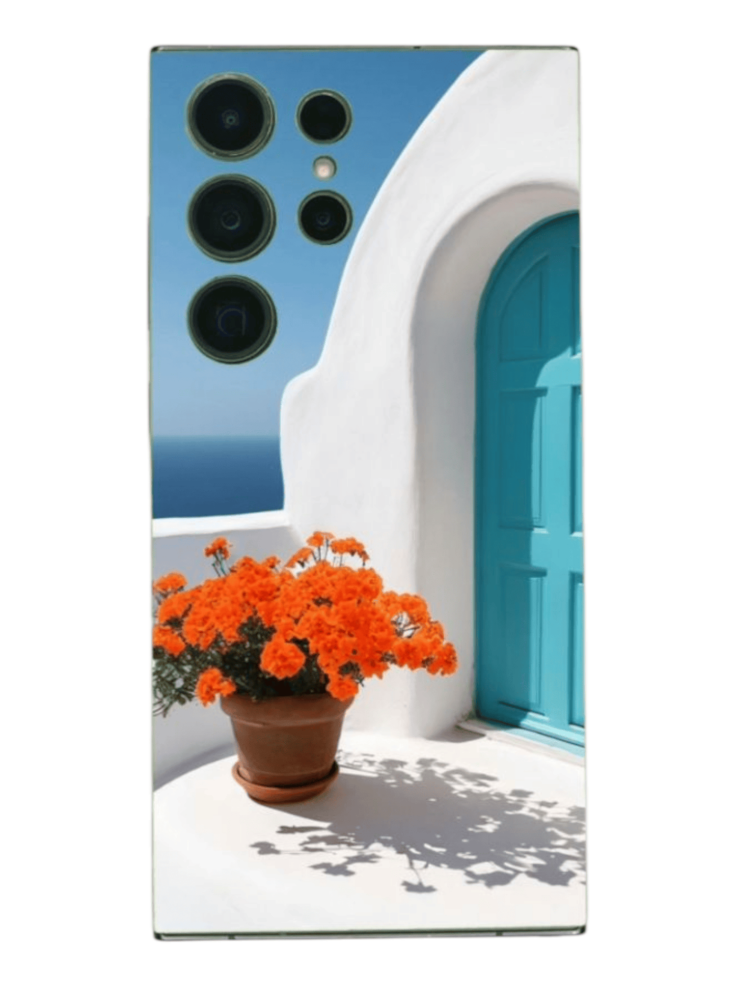 BackSkin Santorini Breeze – puhelimen takakalvo Välimeren maisemalla ja kukkaruukulla