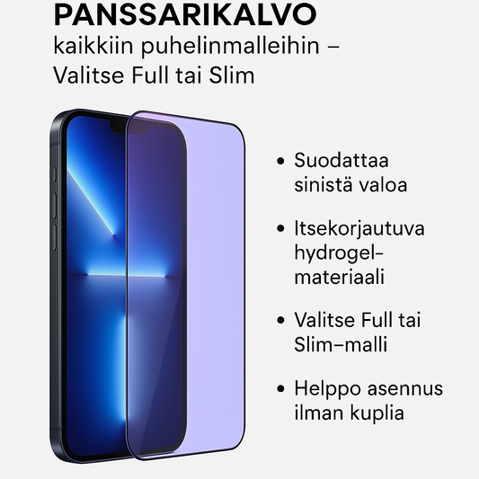 Sinisen valon suodattava panssarikalvo puhelimeen – Full ja Slim -mallit, hydrogel-materiaali ja helppo asennus ilman kuplia