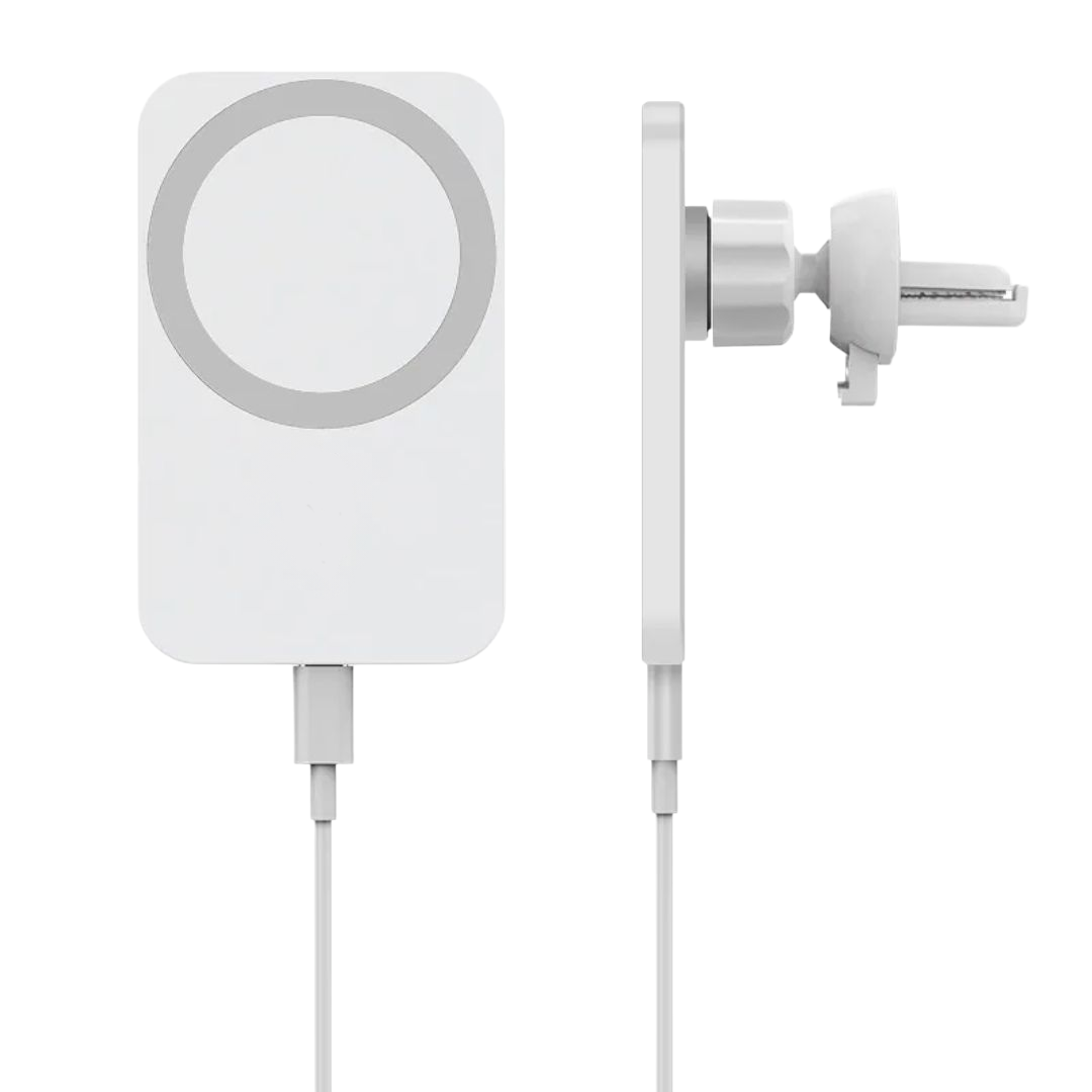 Valkoinen 15W langaton autolaturi metallirenkaalla – Samsung Galaxy -puhelimille