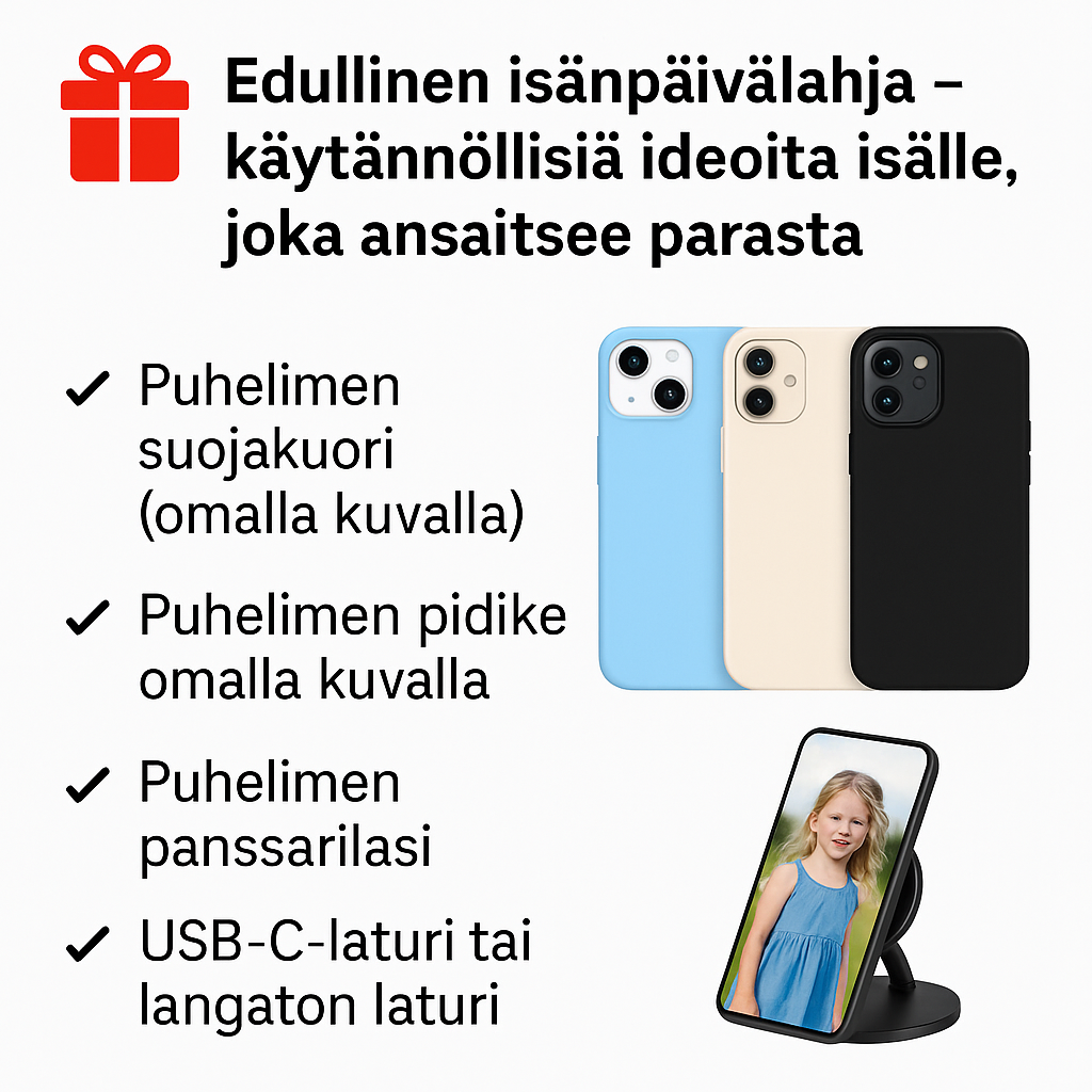 Edullinen isänpäivälahja – käytännöllisiä ideoita isälle, kuten suojakuori omalla kuvalla, puhelimen pidike, panssarilasi ja laturi.