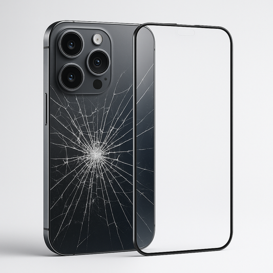 Rikkinäinen puhelimen näyttö ja vieressä uuden panssarilasin suoja – esimerkki siitä, miten hyvä panssarilasi suojaa puhelinta vaurioilta.