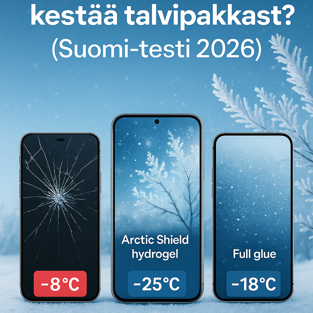 Panssarikalvo talvipakkasessa – suomalainen pakkastesti, jossa vertaillaan eri näyttösuojien kestävyyttä kylmäolosuhteissa.