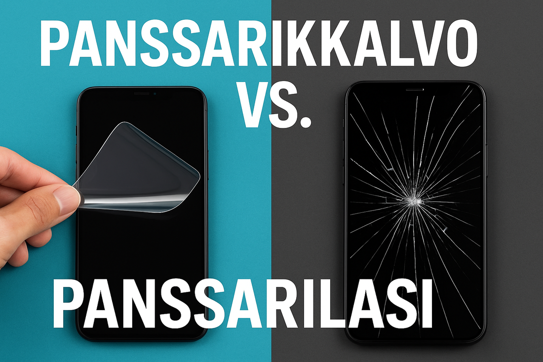 Panssarikalvo vs. panssarilasi – vertailukuva, jossa joustava Arctic Shield -panssarikalvo ja haljennut panssarilasi rinnakkain.