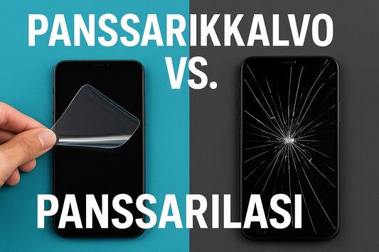 Panssarikalvo vs. panssarilasi – vertailukuva, jossa joustava Arctic Shield -panssarikalvo ja haljennut panssarilasi rinnakkain.