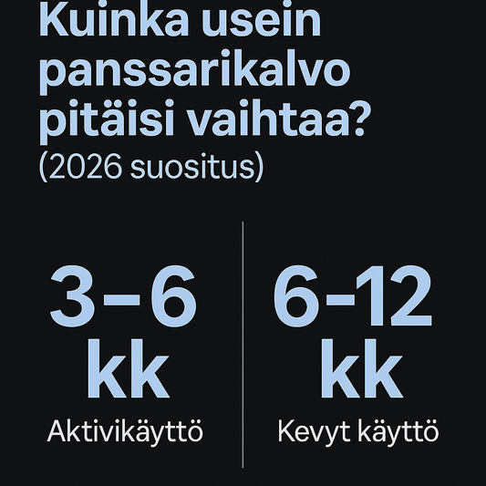 Infografiikka, joka näyttää kuinka usein panssarikalvo tulisi vaihtaa vuonna 2026 – suositukset aktiiviselle käyttäjälle, normaalille käyttäjälle ja kevyelle käyttäjälle.