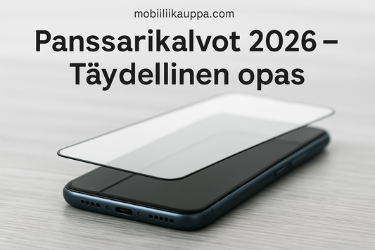 Puhelin ja sen yläpuolella oleva panssarikalvo – kuvituskuva Panssarikalvot 2026 -oppaaseen.
