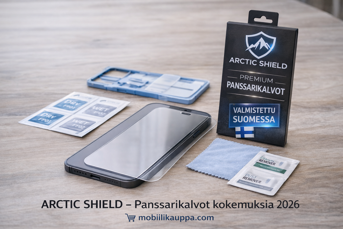 Arctic Shield panssarikalvo – valmistettu Suomessa, asennuspakkaus ja puhelin esillä, panssarikalvot kokemuksia 2026