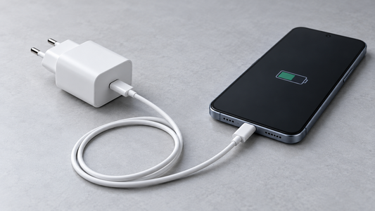 USB-C-seinälaturi ja USB-C-kaapeli yhdistettynä älypuhelimeen