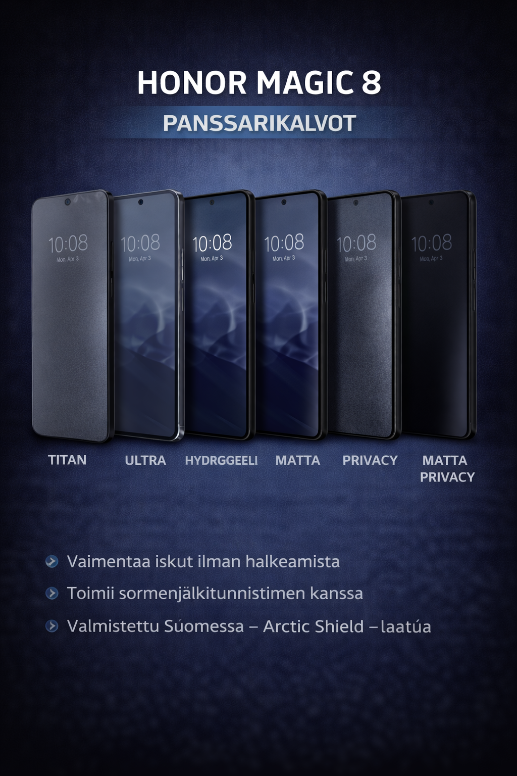 Honor Magic 8 panssarikalvot – Titan, Ultra, Hydrogeeli, Matta, Privacy ja Matta Privacy näytönsuojat Arctic Shieldiltä