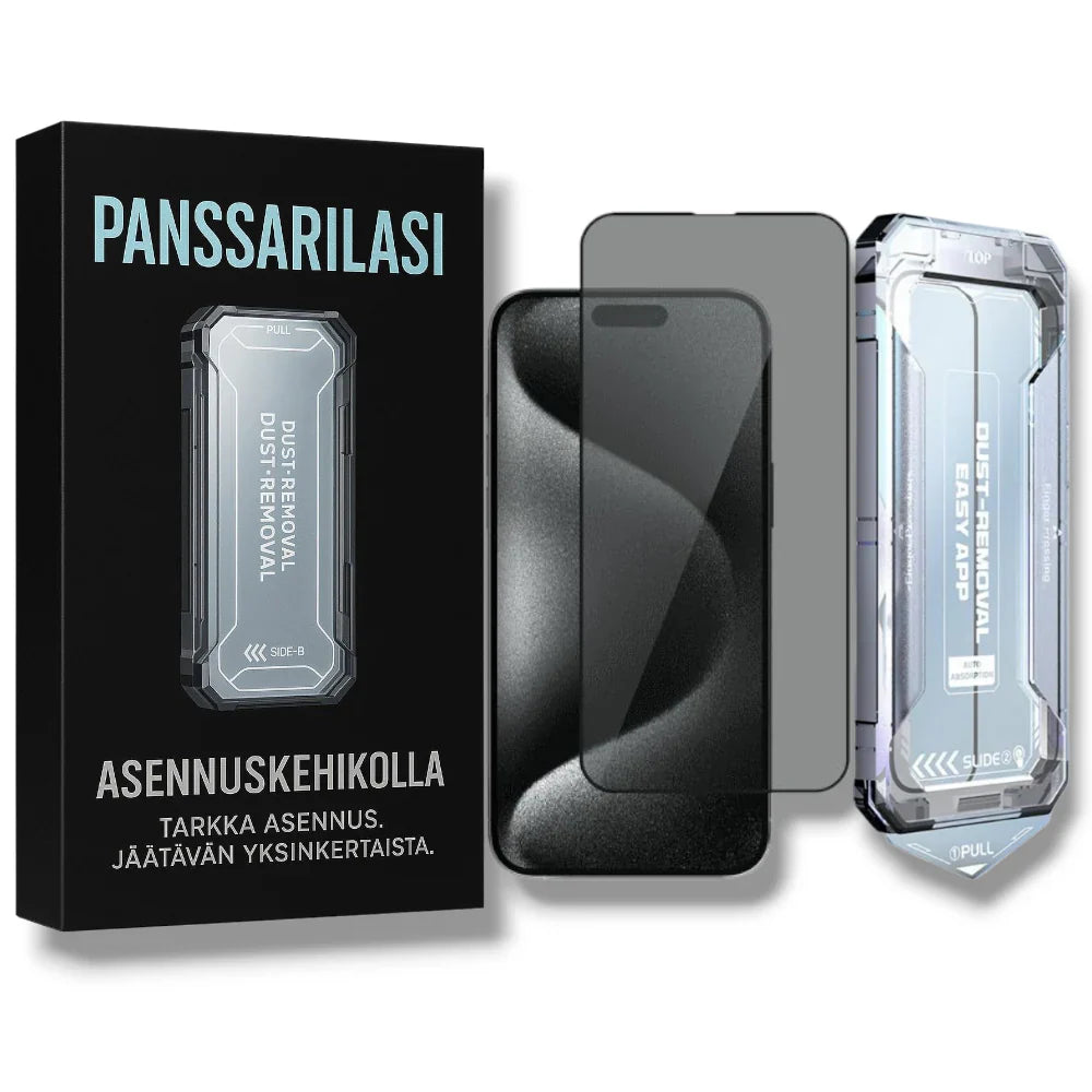 iPhone 17 Air panssarilasi asennuskehikolla pakkauksessa – kirkas suoja