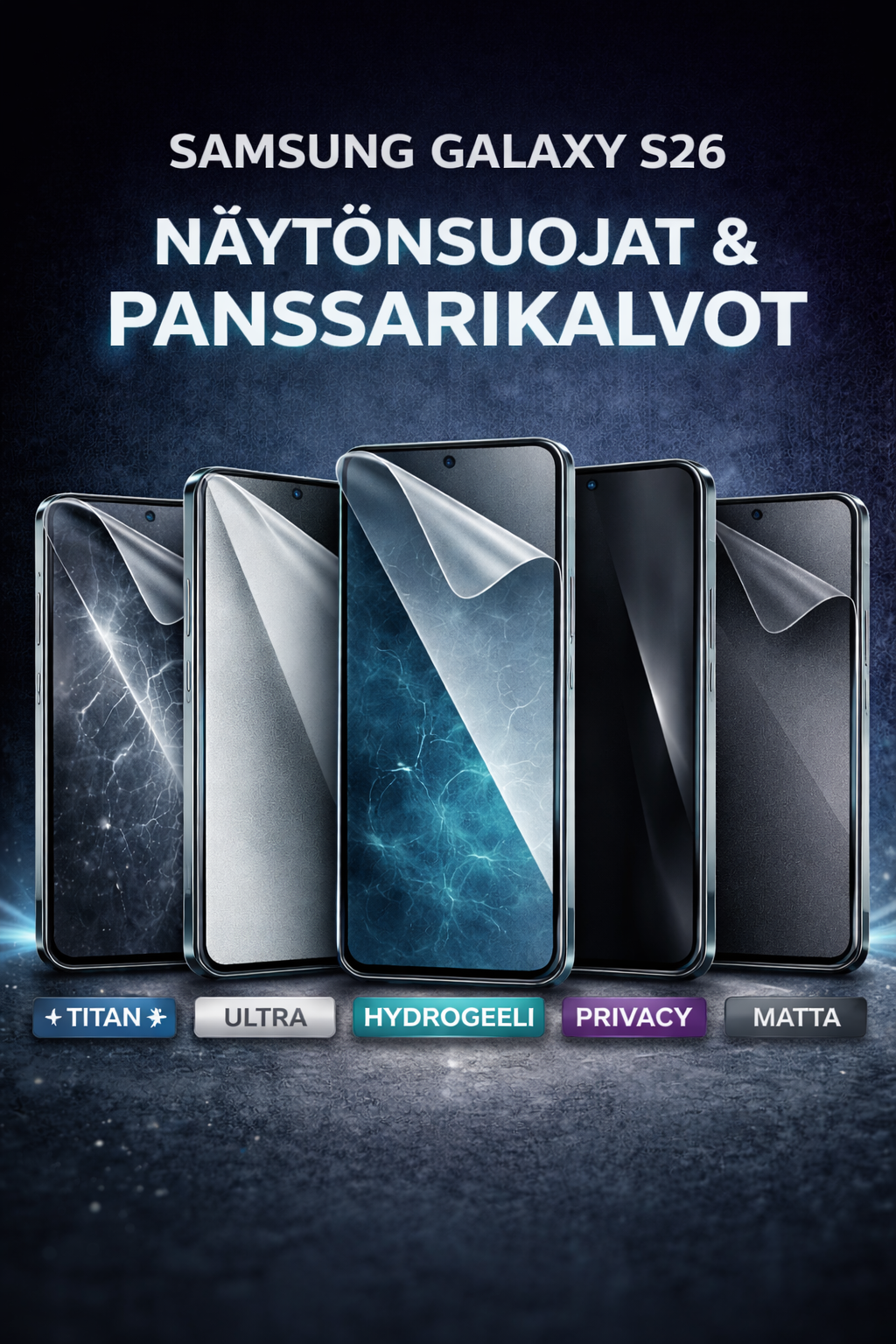 Samsung Galaxy S26 näytönsuojat ja panssarikalvot – Titan, Ultra, Hydrogeeli, Matta ja Privacy, Arctic Shield
