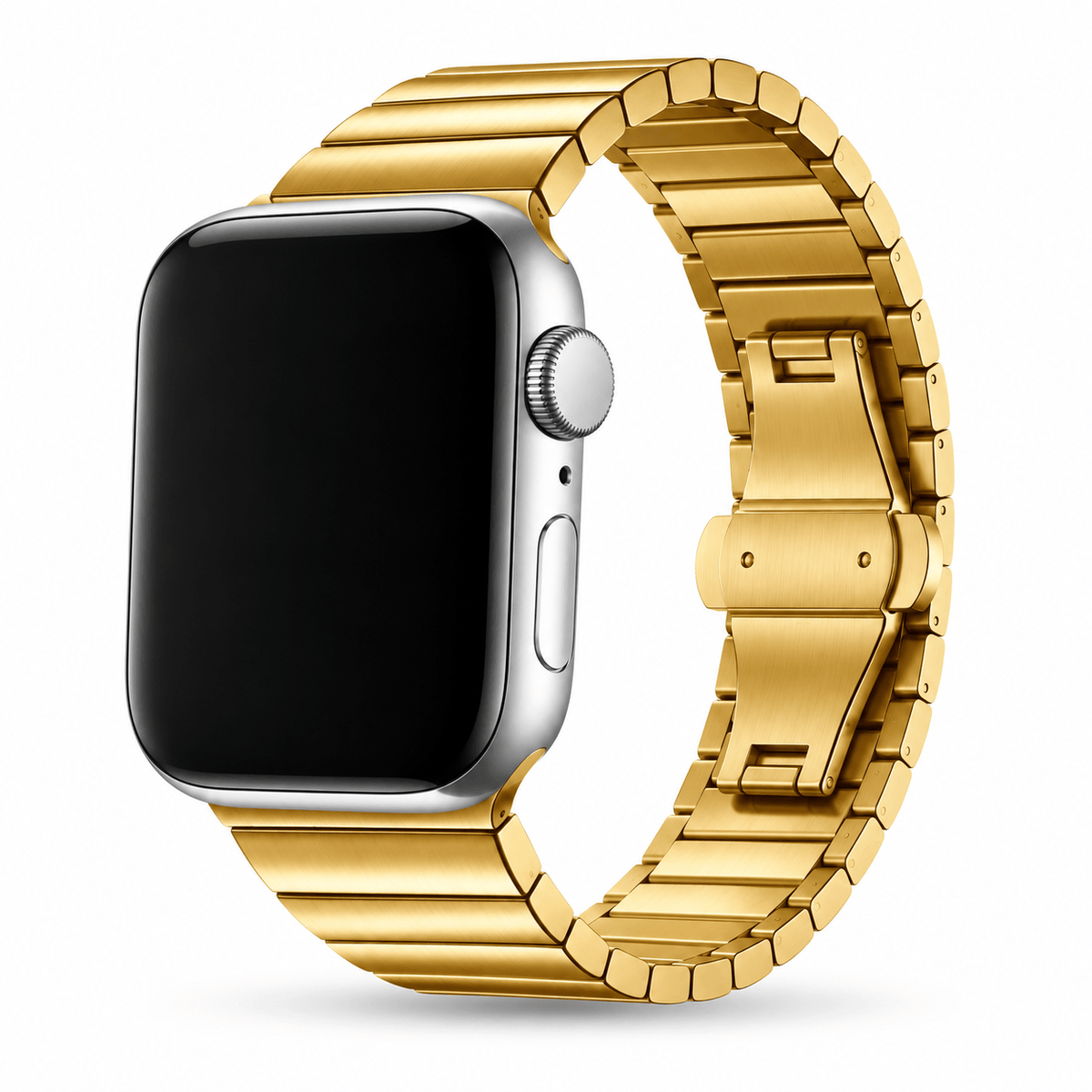 Kultainen Apple Watch metalliranneke kiinnitettynä kelloon