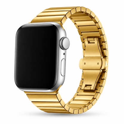 Kultainen Apple Watch metalliranneke kiinnitettynä kelloon