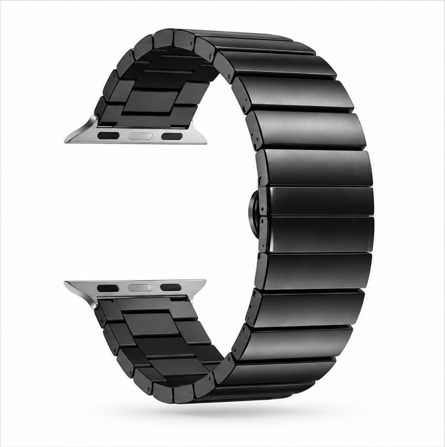 Musta Apple Watch metalliranneke kiinnitettynä kelloon