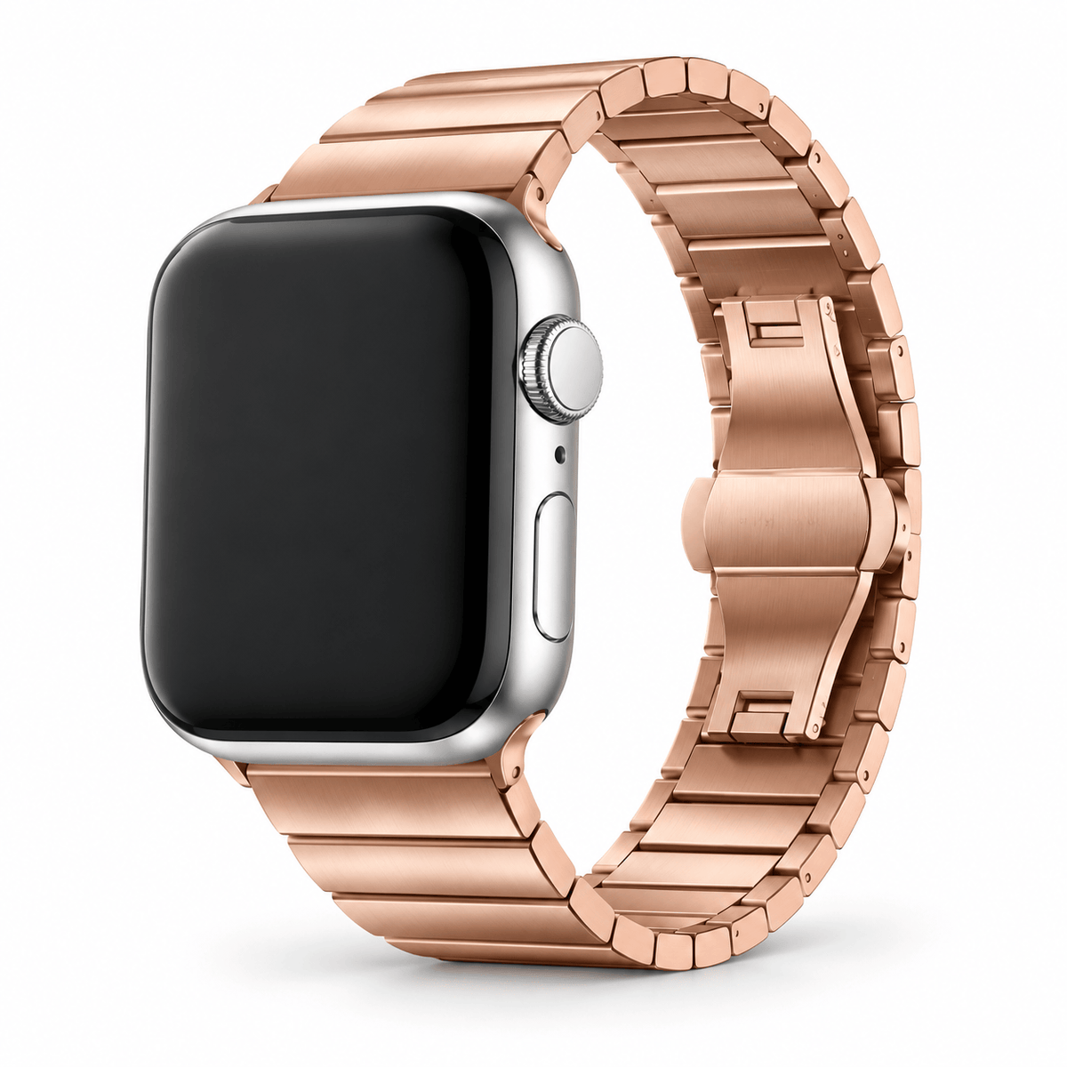 Ruusukultainen Apple Watch metalliranneke kiinnitettynä kelloon