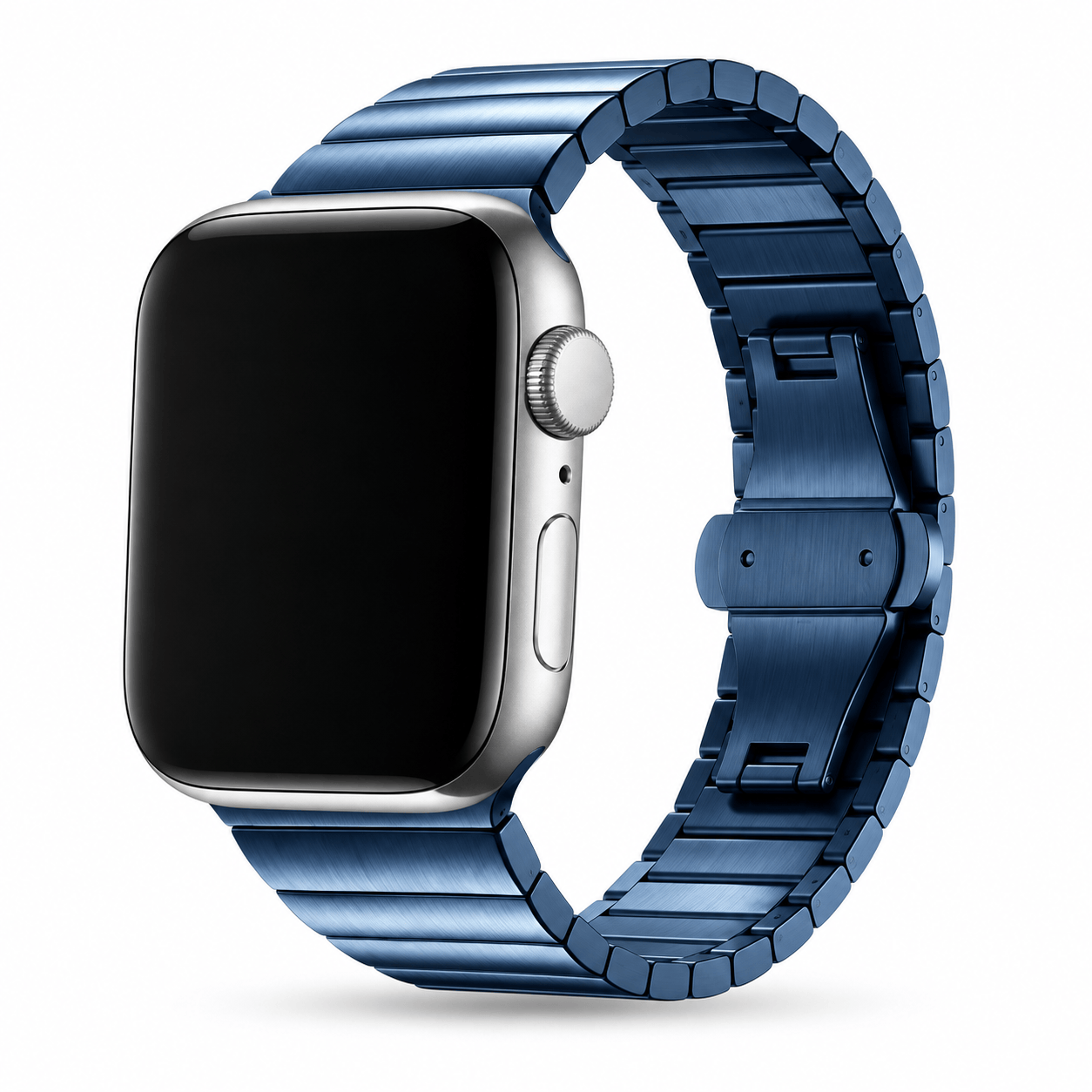 Sininen Apple Watch metalliranneke kiinnitettynä kelloon