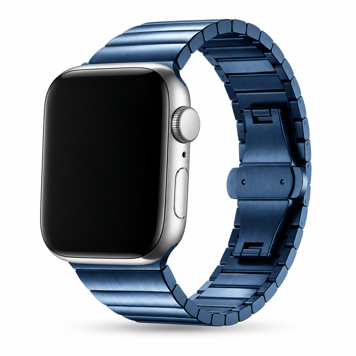 Sininen Apple Watch metalliranneke kiinnitettynä kelloon