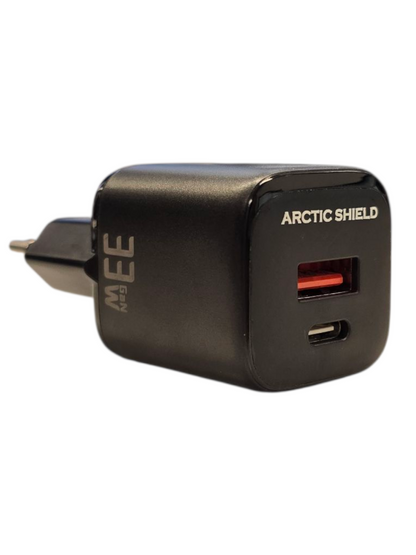 Arctic Shield 33W USB-C + USB-A seinälaturi – Musta pakkauksessa