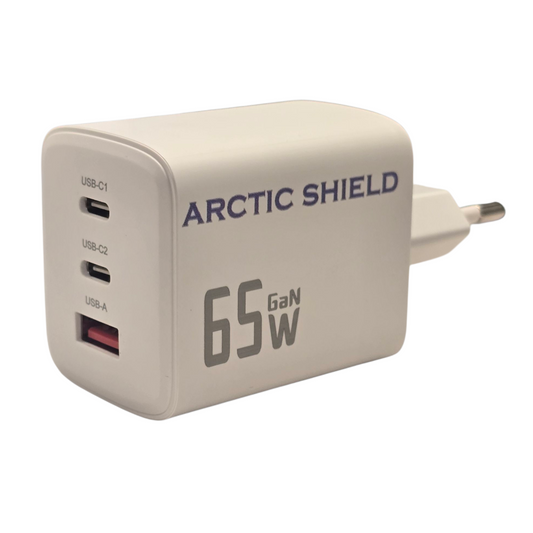 Arctic Shield 65W USB-C GaN laturi – 2× USB-C ja 1× USB-A portit