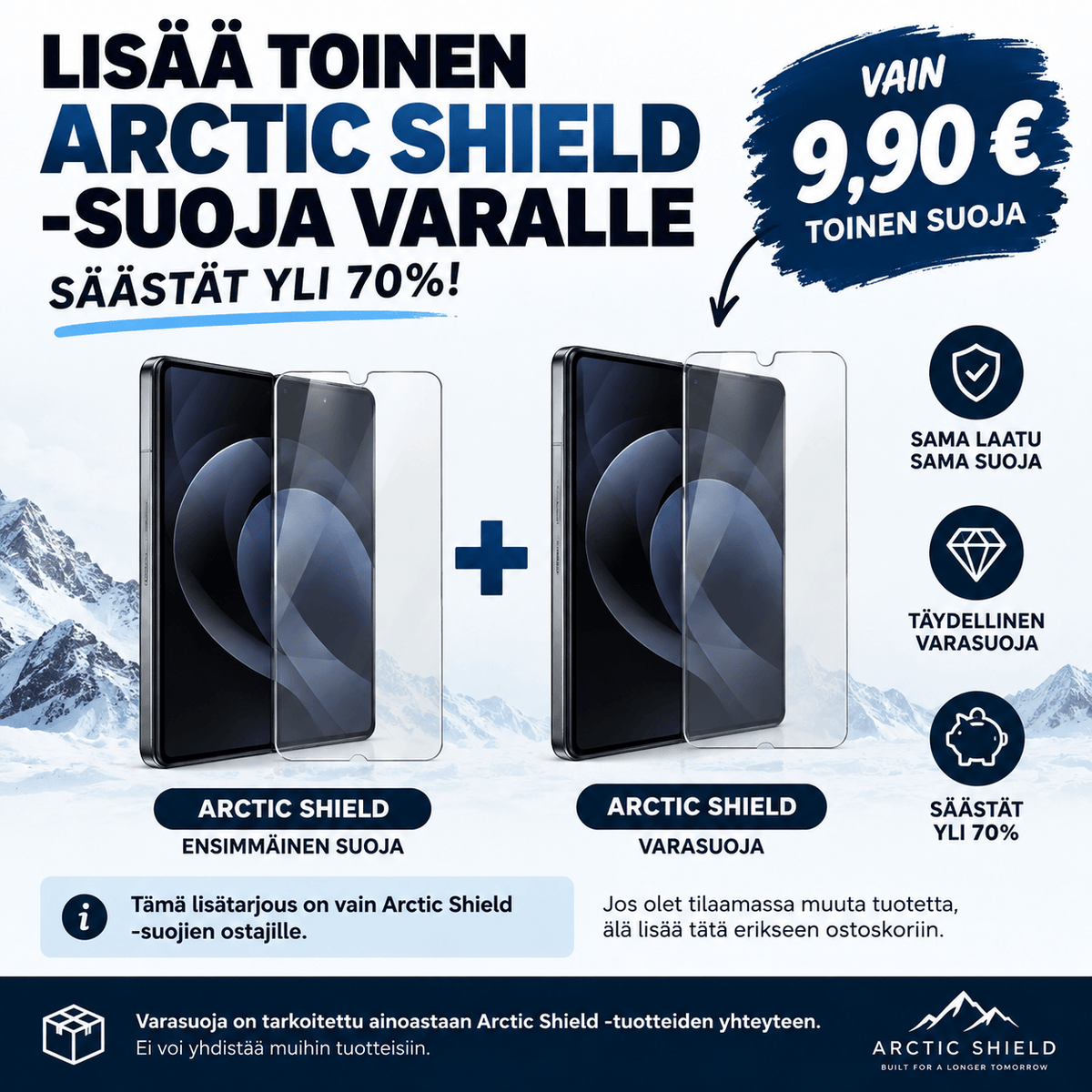 Arctic Shield Fold Flex varasuoja 9,90 € – toinen näytönsuoja edullisesti Arctic Shield -suojan yhteydessä