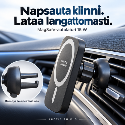 Arctic Shield MagSafe-autolaturi 15 W ilmastointiritilässä ja lähikuva ritiläkiinnikkeestä