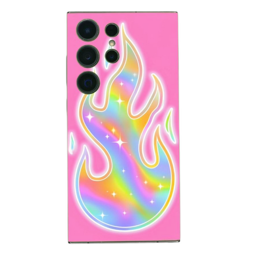 Takakalvo Flame Pop – kirkas pinkki ja sateenkaariliekki puhelimen takasuojana