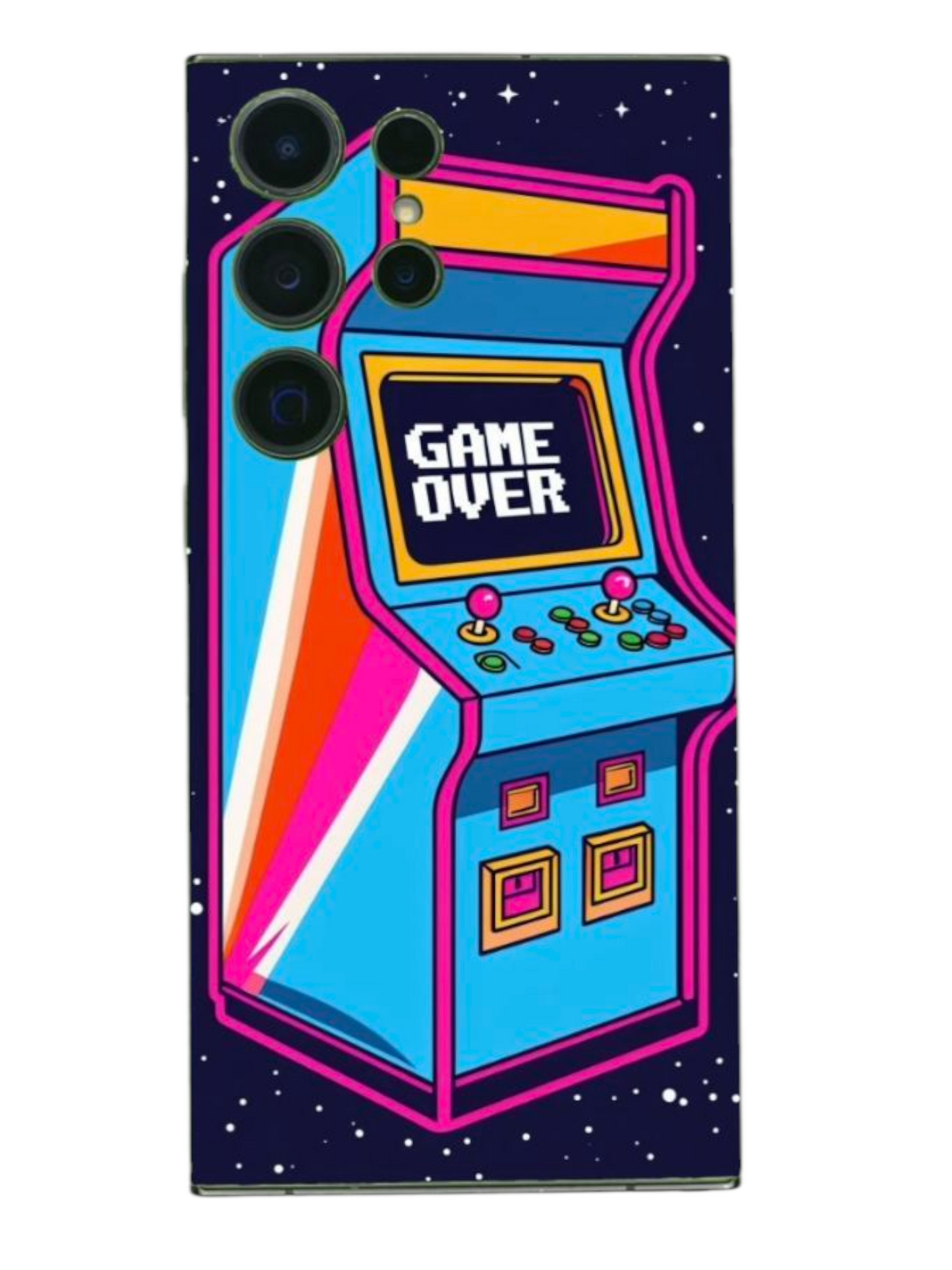 Neonvärinen arcade-kabinetti puhelimen takakalvossa – pelaajan valinta