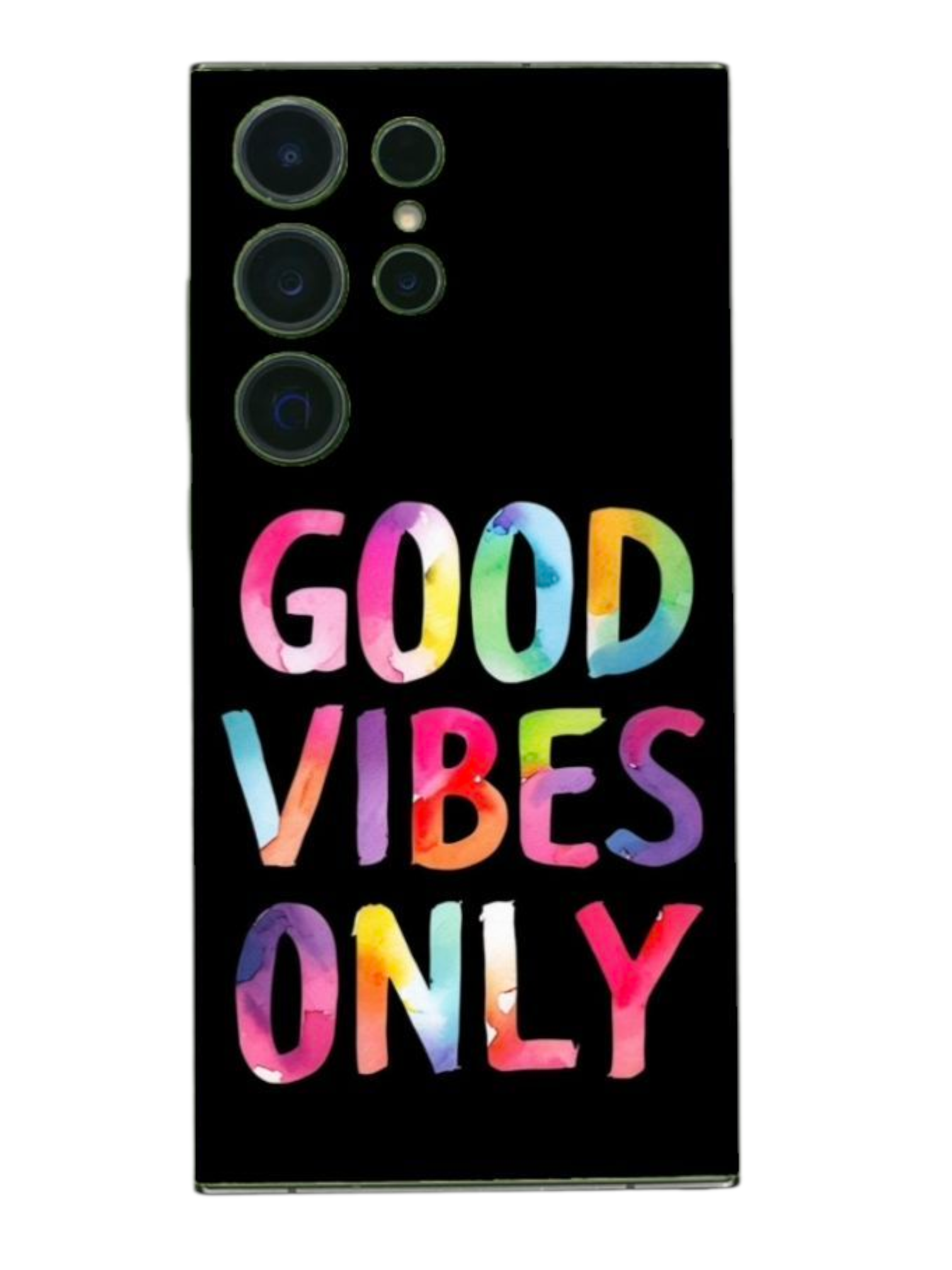 BackSkin Good Vibes Only – puhelimen takakalvo värikkäällä tekstillä mustalla pohjalla