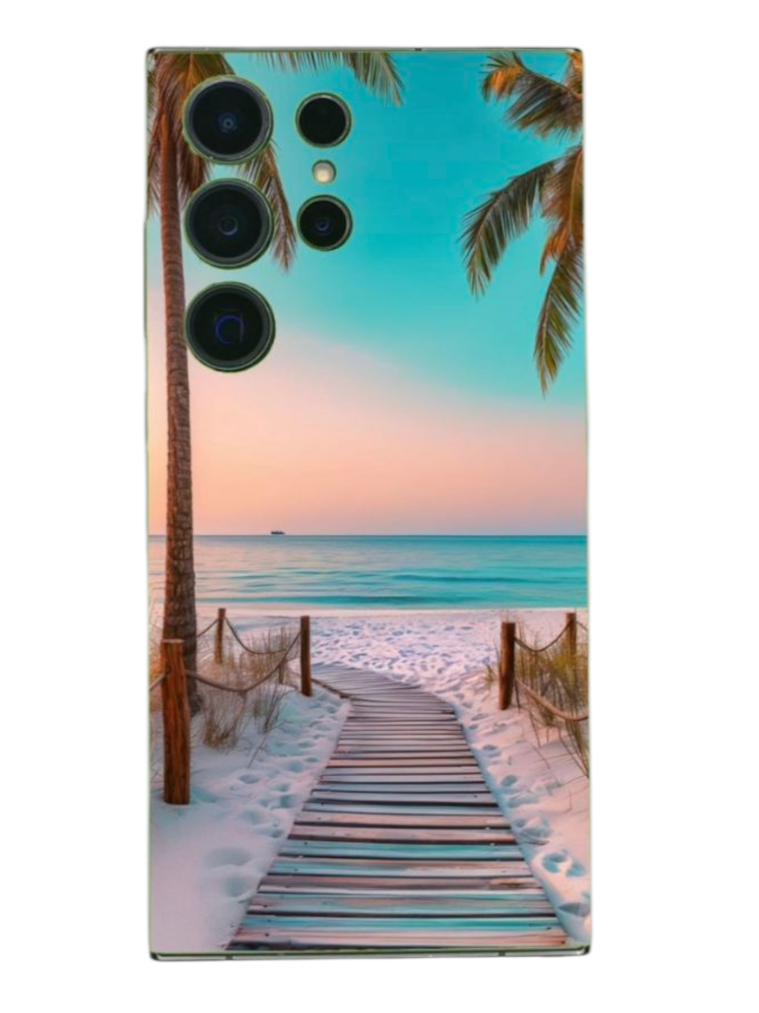 BackSkin Sunset Beachwalk – puhelimen takakalvo rantamaisemalla ja palmuilla