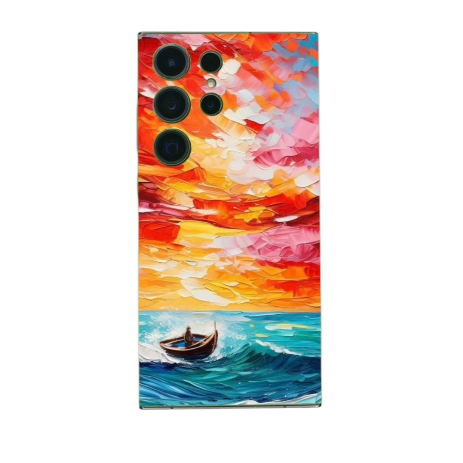 BackSkin Sunset Sail – öljyvärimaalauksen tyylinen vene ja auringonlasku