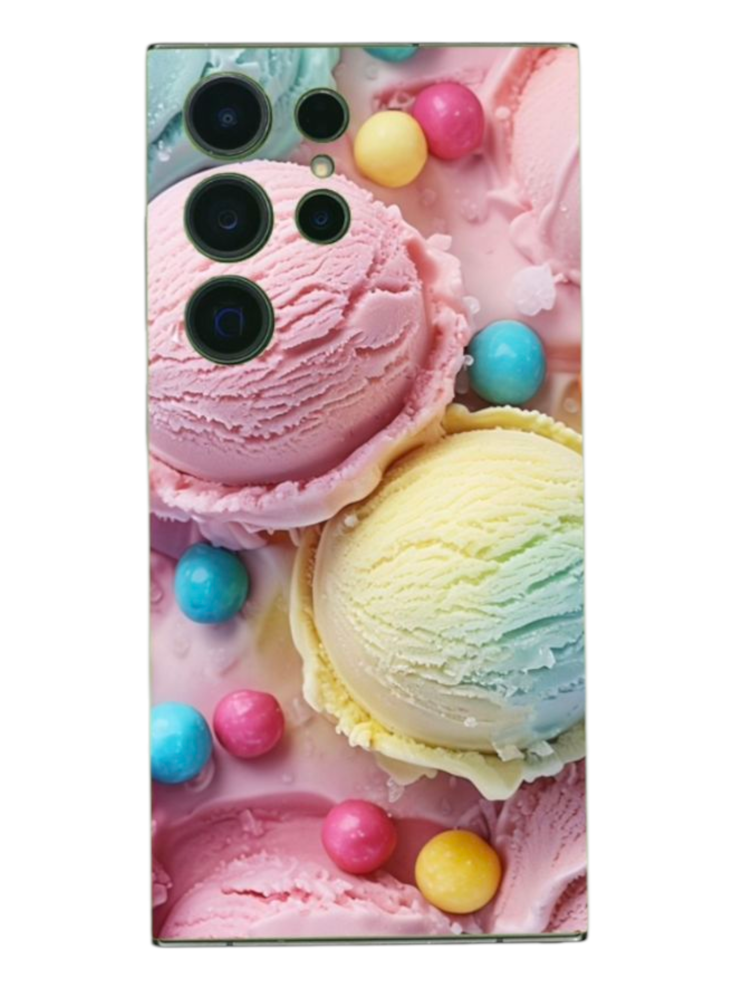 BackSkin Sweet Scoops – puhelimen takakalvo pastellisilla jäätelöpalloilla ja karkeilla