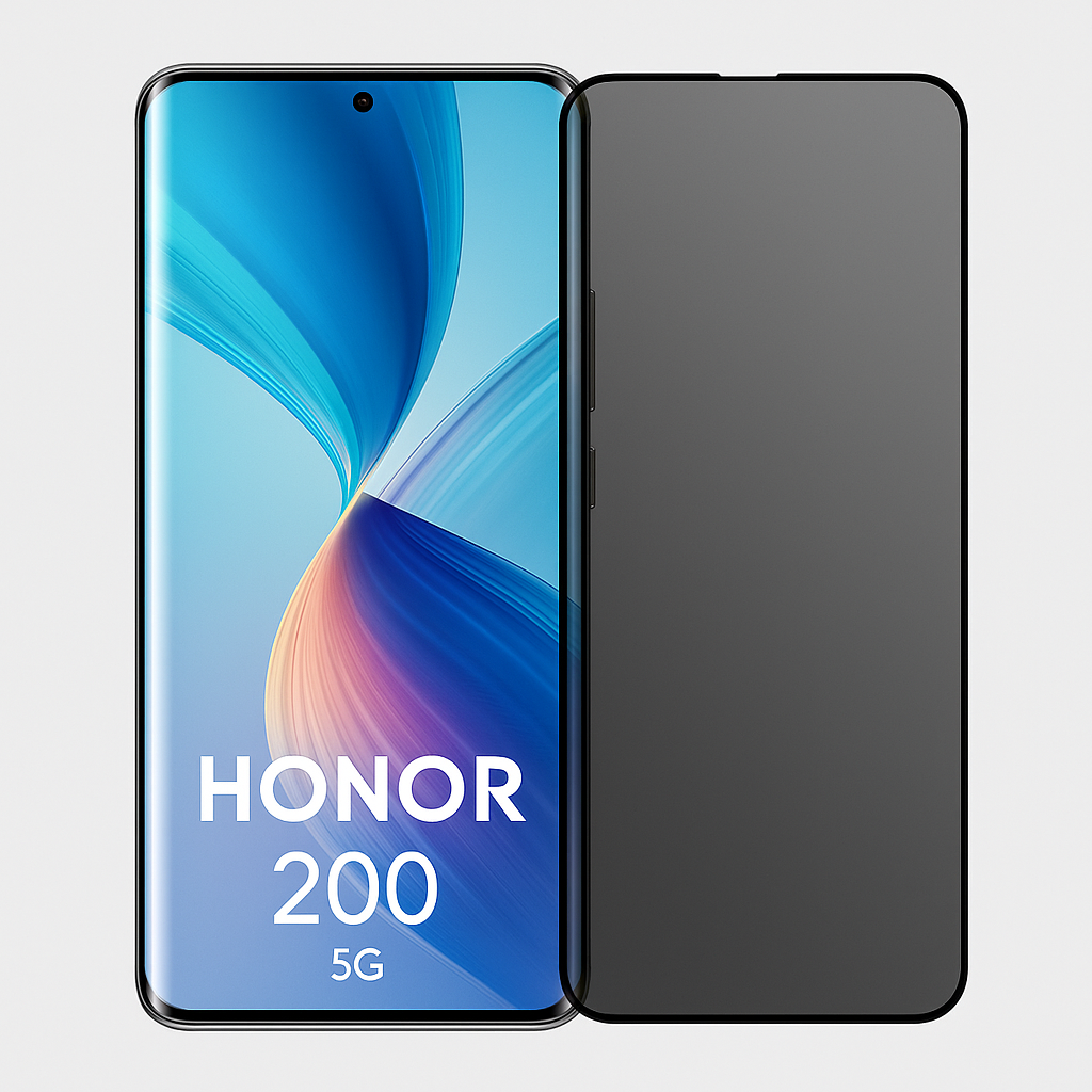Honor 200 5G puhelin ja privacy panssarikalvo vierekkäin, tumma yksityisyyssuoja näytön päällä