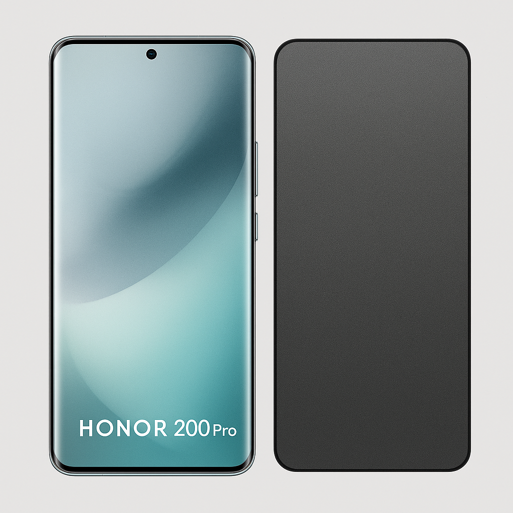 Honor 200 Pro puhelin ja mattapintainen privacy panssarikalvo vierekkäin
