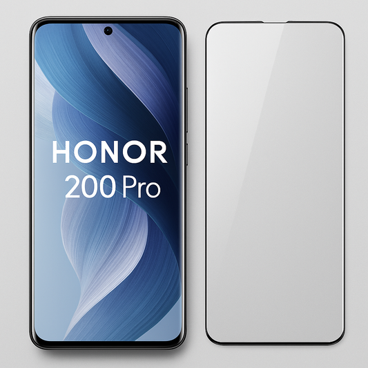 Honor 200 Pro puhelin ja ultra panssarikalvo vierekkäin, ohut ja kaarevalle näytölle sopiva lasimainen suoja