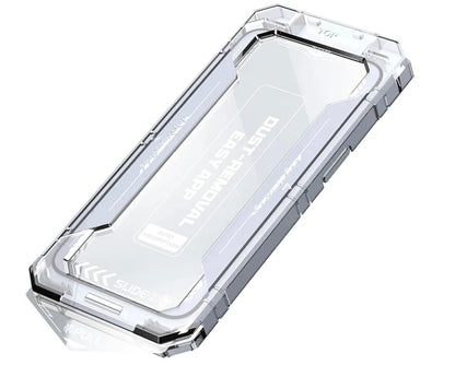 iPhone 11 Pro Max panssarilasi ja asennuskehikko vierekkäin