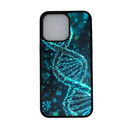 iPhone 12 suojakuori DNA-kuosilla – sininen molekyylikuvio mustalla taustalla