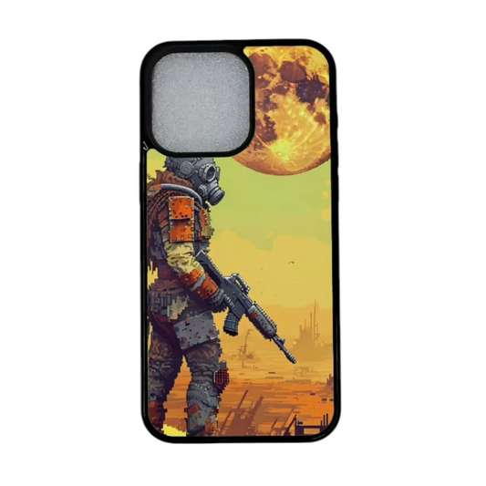 iPhone 12 Pro suojakuori – retro pikselihahmo ja täysikuu taustalla