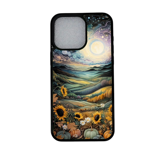  iPhone 12 Pro suojakuori maisemakuosilla, auringonkukilla ja kurpitsoilla (etukuva)