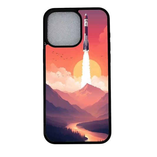iPhone 12 Pro auringonlasku- ja raketti-aiheinen kuori koko pinnalta (laaja kuva