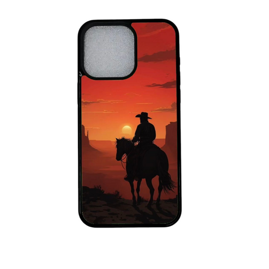 iPhone 12 suojakuori cowboy-ratsastajalla auringonlaskussa – etunäkymä