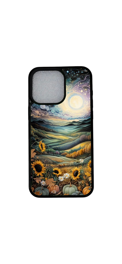 iPhone 12 kuori auringonkukka- ja vuoristomaisemalla – yksityiskohtainen kuva