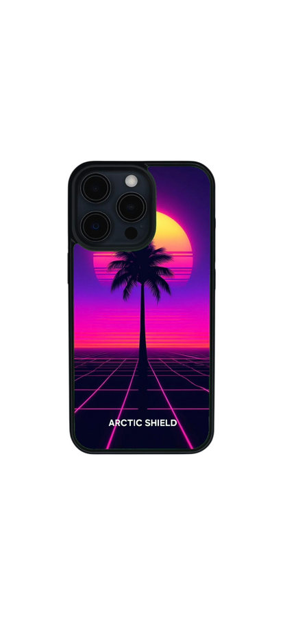 iPhone 14 Pro Magsafe suojakuori – neon retro palmupuu violetilla taustalla