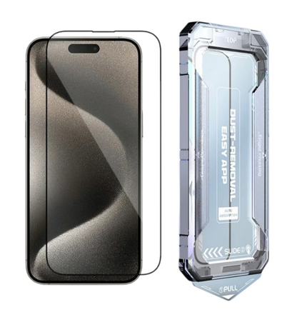 iPhone 15 Plus panssarilasi asennuskehikolla – helppo ja kuplaton asennus