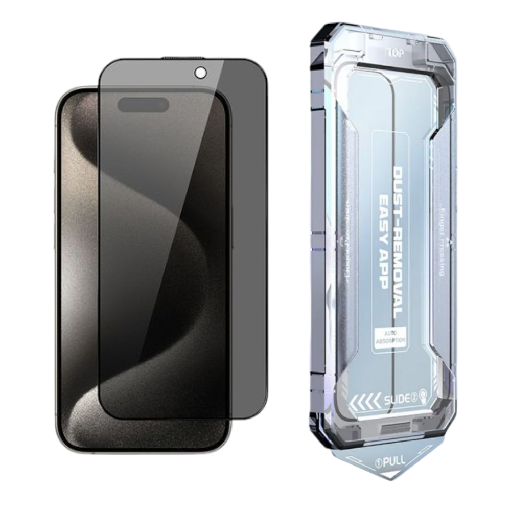 Privacy panssarilasi asennuskehikolla iPhone 15 – kuplaton asennus