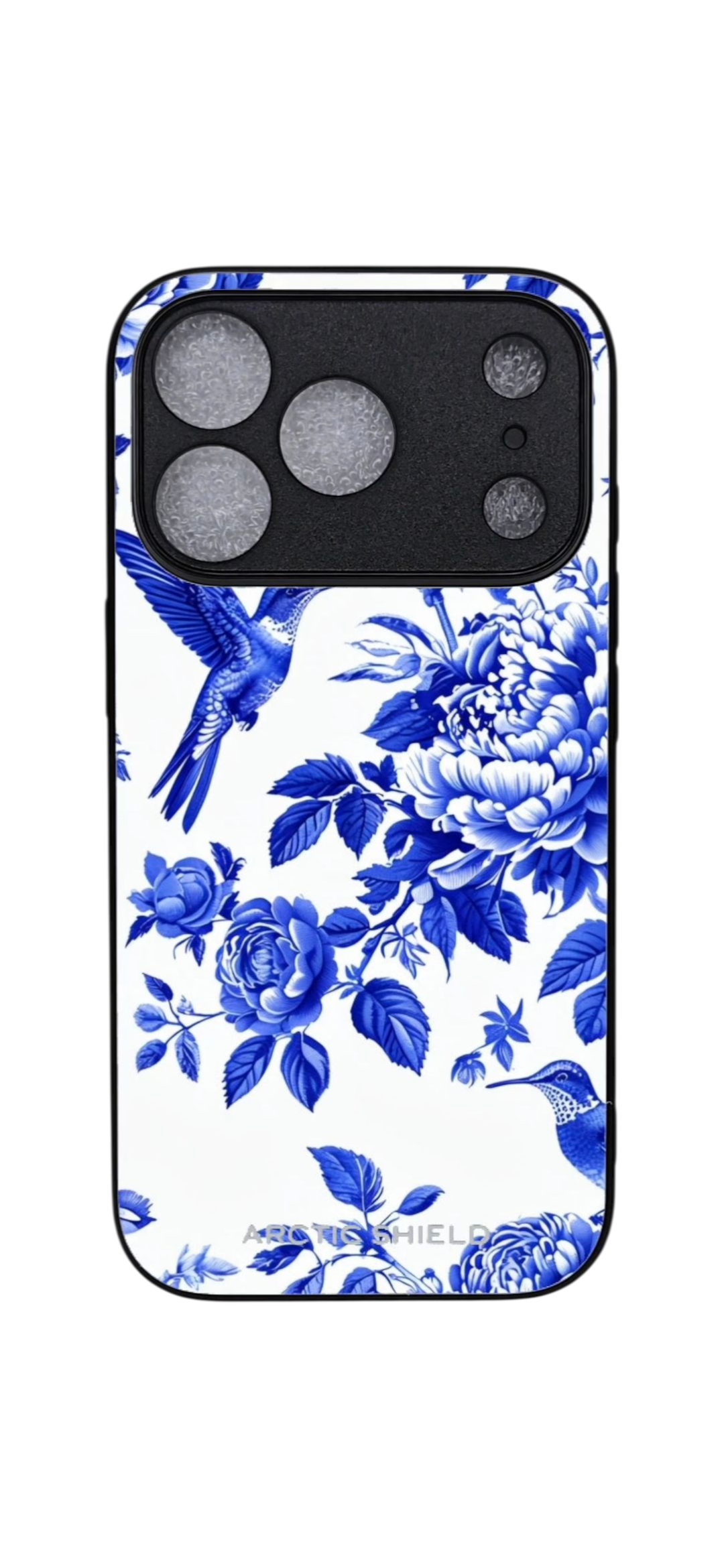 iPhone 17 Pro Max MagSafe suojakuori kova pinta ja kohotettu kameransuoja sinivalkoinen kukka lintu Arctic Shield