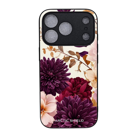iPhone 17 Pro suojakuori MagSafe yhteensopiva – Arctic Shield kukkakuvio violetti ja beige design


