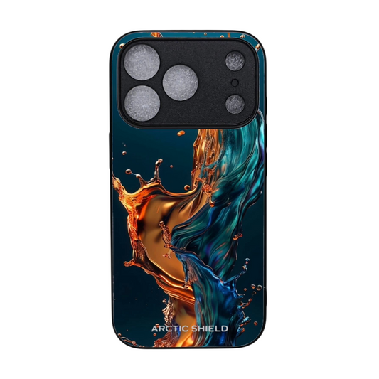 iPhone 17 Pro suojakuori MagSafe yhteensopiva – Arctic Shield sininen ja oranssi neste roiske design

